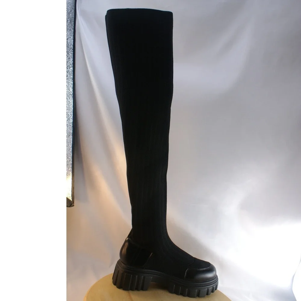 Cincoo Womens Black Ribbed Knit Over The Knee Lug Sole Platform Boots Size 6.5